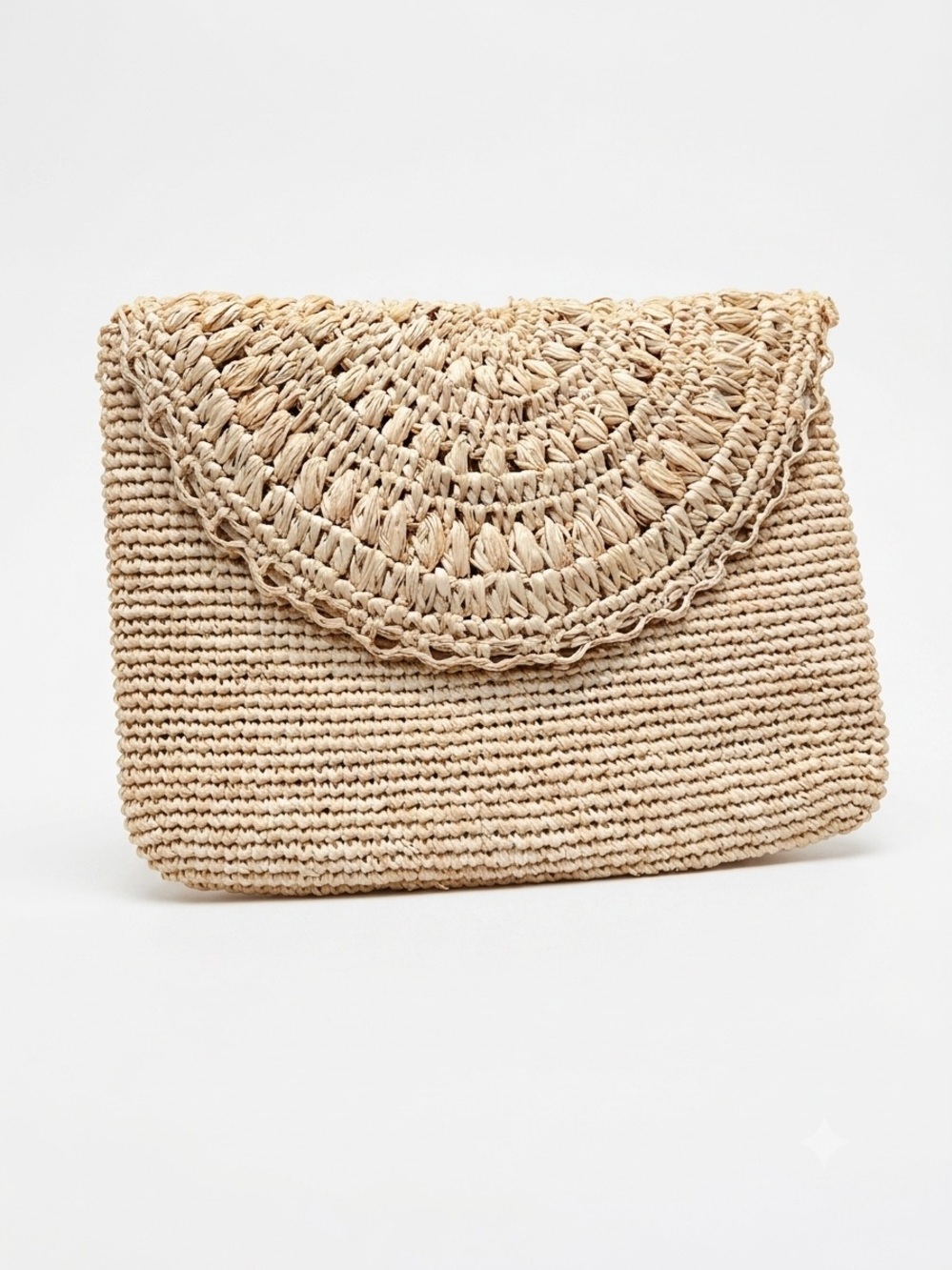 Mar y Sol Hand-Crocheted Raffia Fan Flap Envelope Clutch Bag Natural